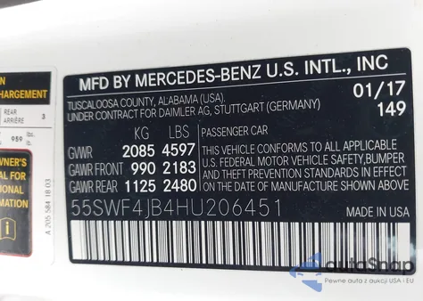 2017 Mercedes-Benz C 300 Luxury/Sport из США, поврежденный, VIN 55SWF4JB4HU206451